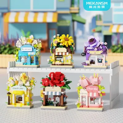 Mini Yapı Taşı Çiçek Standı Seti, Sokak Manzarası Minyatür Süs Eşyası - 5