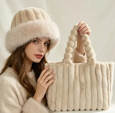 Peluş Kadın Omuz Çantası Puf Şapkalı Sonbahar Kış El Çantası - 10