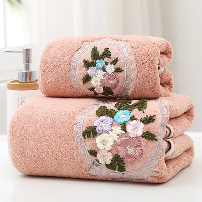 Floral Cotton Face and Bath Towel Set, 2-Piece, with Lace