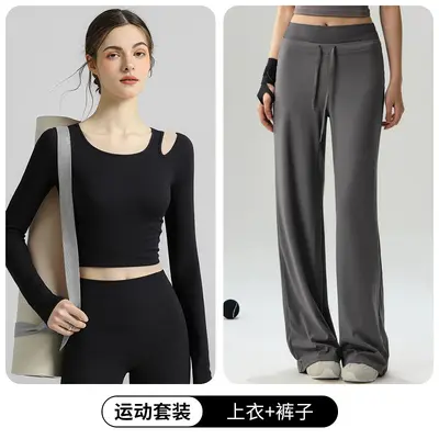 Loose yoga long pants women wide leg pilates fitness long sleeve - 13