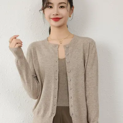 Leichte Strickjacke mit Rundhals, Mischgewebe, Damen-Herbst-Winter-Pullover - 7