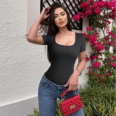Kadın Kare Yaka Kısa Kollu Fitilli Dar Tulum, Yaz Modeli - 12
