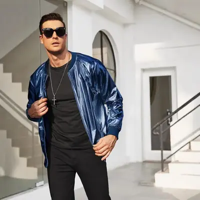 Men's Glossy Metallic Zip-Up Jacket, 70s Disco Style
