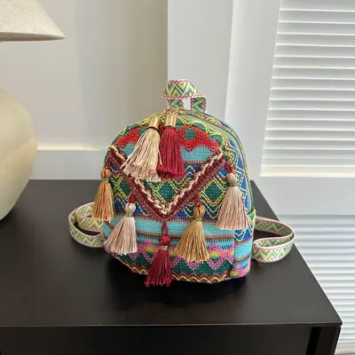 Women's Lightweight Backpack, Ethnic Tassel Design, Small Travel Size - 8