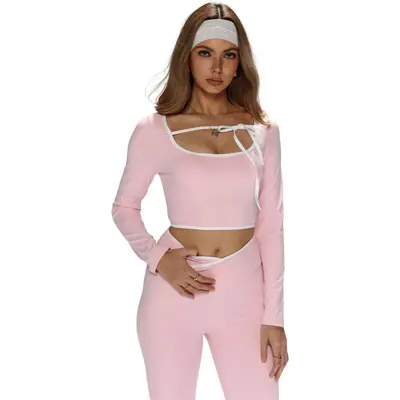 Caizhu Yoga-Set in Rosa, langärmlig, zweiteilig, po-lifting - 7