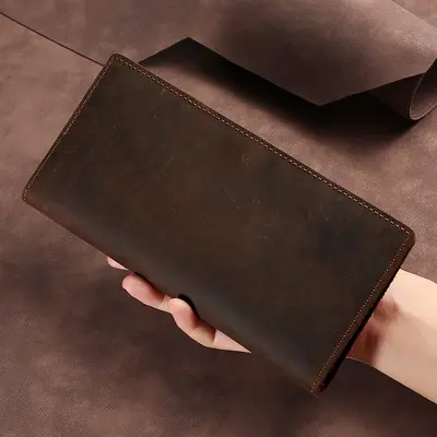 Men's Vintage Crazy Horse Leather Long Wallet, Tri-Fold, Genuine Leather, Cowhide - 3