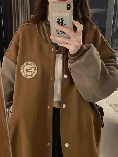 Kadınlar için sınır ötesi tembel stil beyzbol ceketi, sonbahar ve kış polar astarlı kalın retro gevşek gündelik hırka sweatshirt ins trendi