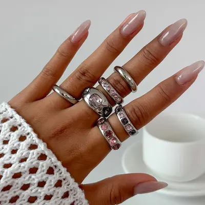 欧美跨境时尚ins风彩色宝石镶嵌戒指套装 金属质感光面指环Rings - 7