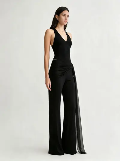 Women's Black Ribbon Detail Micro Flare Pants, Casual Slim Fit