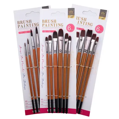 Wooden handle nylon bristle brush set, watercolor and oil painting, 6 pieces