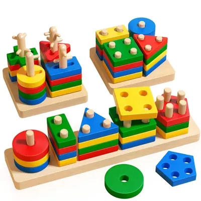 Montessori erken eğitim geometrik istifleme blokları, 1 ila 3 yaş arası erkek ve kız çocuklar için eğitici oyuncaklar, şekil eşleştirme oyuncakları, yapı taşları. - 6