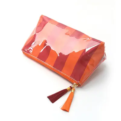 PVC Striped Cosmetic Bag with Tassel Zipper, Waterproof, Small