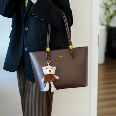 Large Retro Tote Bag, PU Leather, Solid Color - 3