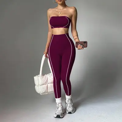 跨境TK爆款瑜伽服套装女撞色裹胸上衣蜜桃臀修身长裤健身运动服 - 12