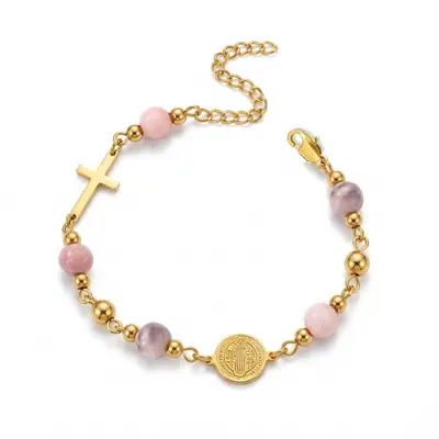 Stainless Steel Round Pendant Cross Tiger's Eye Bracelet for Women