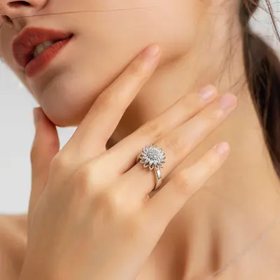 Cross-border Rotating Ring Copper Micro-Inlaid Zirconia Elegant Versatile Full Diamond Round Flower Spinner Anxiety Relief Ring