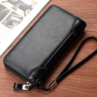 Men's Long Retro Wallet, Double Zipper, Phone Compartment - 3