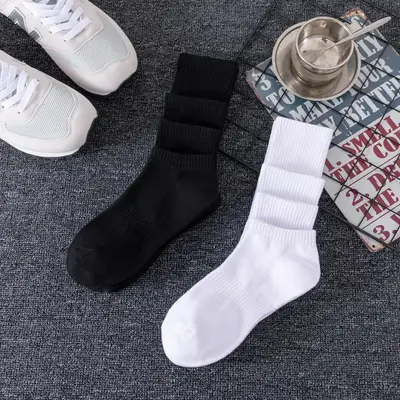 Men's Sports Socks, Mid-Calf, Thick Towel Sole, High Elastic, Black and White