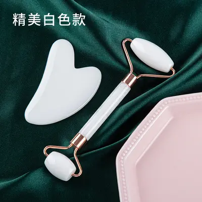 Rosen-Quarz doppelseitiger Walzen-Gesichtsmassagegerät Jade Gesichtslift Schönheits-Gua-Sha-Tool Augenmassageroller Hals- und Wirbelsäulenmassagegerät