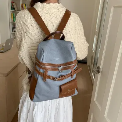 Women's Double Shoulder Backpack, Color-block Patchwork Design, School and Daily Use