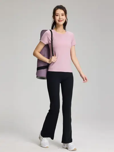 Kadın Dikişsiz Yoga Üstü, Tek Parça Örgü Kısa Kollu T-Shirt, Koşu ve Fitness - 5