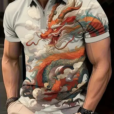 Men's 3D Gradient Print Zip Polo Shirt, Short Sleeve, Plus Size - 2