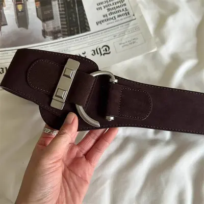 Damen-Veloursleder-Gürtel mit Silberschnalle, breit und elastisch