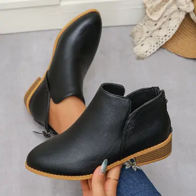 Pointed-Toe Back Zip Short Martin Boots Women's Plus Size Genuine Leather - 11