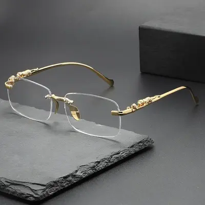 Frameless Cut-Edge Men's Sunglasses with Small Leopard Temple Design - 11