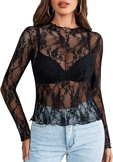 Damen-Spitzenbluse, langarm, Stehkragen, transparent mit Blumenmuster