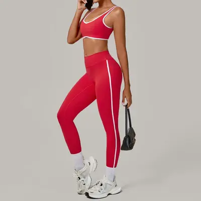 Contrast Binding Backless Yoga Set, Quick-Dry, 3914+4601 - 7