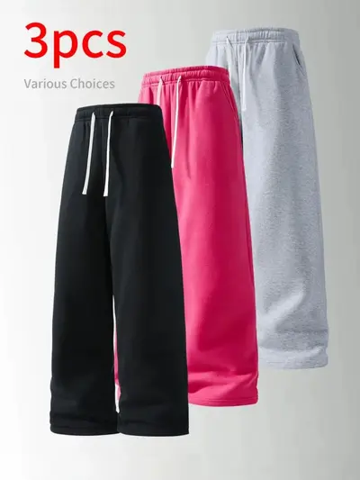 Wide-Leg Autumn-Winter Sweatpants, 3-Piece Set, Loose Fit - 3