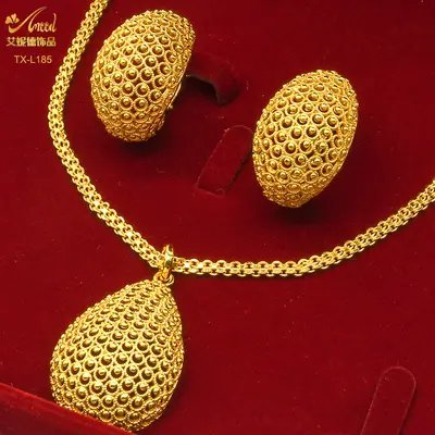 24K altın kaplı bakır takı seti kolye küpe geometrik - 12