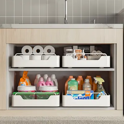 Under-sink pull-out drawer organizer with slide rails