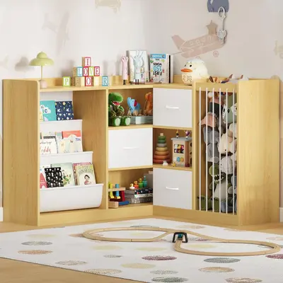 Montessori Holzregal mit Eckdesign für den Kindergarten – Mehrstöckiges Kinder-Bücherregal mit Spielzeugaufbewahrung