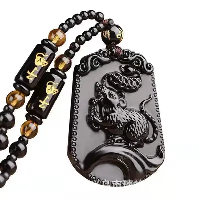 Imitation Obsidian Zodiac Dragon Year Pendant Necklace Unisex