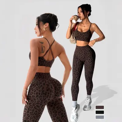 Leopard Print Women's Yoga Set with Sports Bra and High-Waist Pants - 7