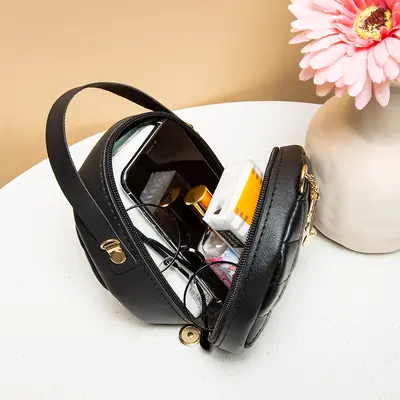 Diamond Quilted Women's Mini Chain Handbag, Small Round Design - 4
