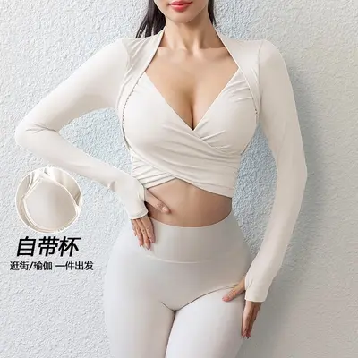 lulu纯欲运动上衣带胸垫性感气质大交叉收肩紧身长袖瑜伽服健身女