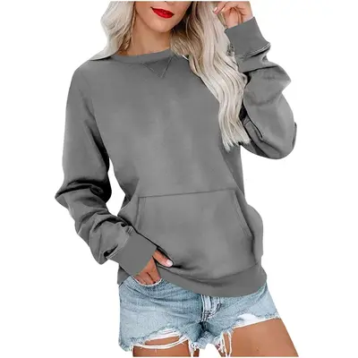 Damen-Sweatshirt, locker, langärmlig, Rundhals, einfarbig, Herbst Winter 2023 - 11