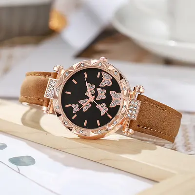 Neue TikTok Damenuhr Mode Persönlichkeit Einfache Armbanduhr Schmetterling Digital Ledergurt Uhr