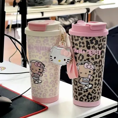 Doppeltrink-Edelstahlbecher mit Leopardenmuster und Trinkhalm