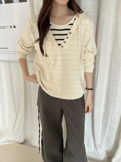 Damen-Strickpullover mit Kapuze, falscher Zweiteiler, gestreift, V-Ausschnitt - 8