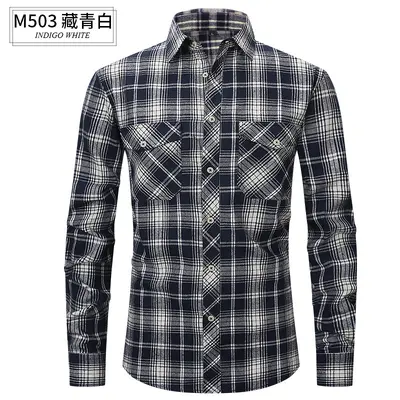 Slim fit kareli flanel erkek gömlek, uzun kollu, çift cepli, fırçalanmış kumaş - 9