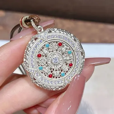 Silver rotatable Eight Treasures compass pendant, long sweater chain - 3
