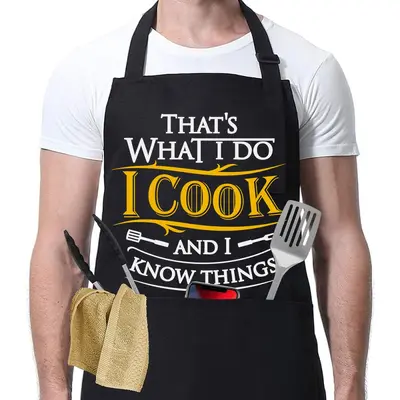 Black Men's Barbecue Chef Apron with Pockets, Adjustable, Waterproof - 8