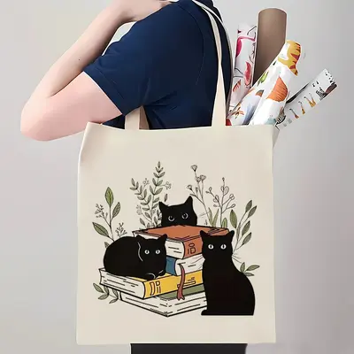 Cross-border popular cute cat print canvas bag shoulder foldable tote bag shopping bag travel bag customizable - 9
