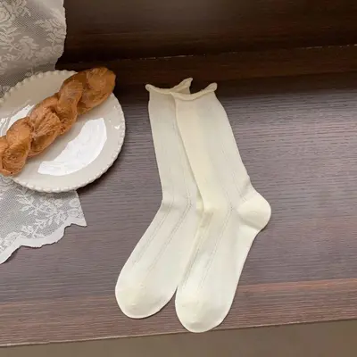 Women's Milky White Shalwar Socks, Thin Summer Lace Loafer Socks, Mid-Calf - 11