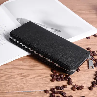 Men's Mid-Length Wallet, Split Leather, Zipper Clutch - 3