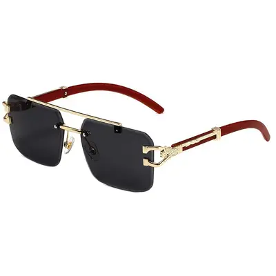 Wood Grain Leopard Head Sunglasses, Double Bridge Square Frameless, Sun Protection - 6